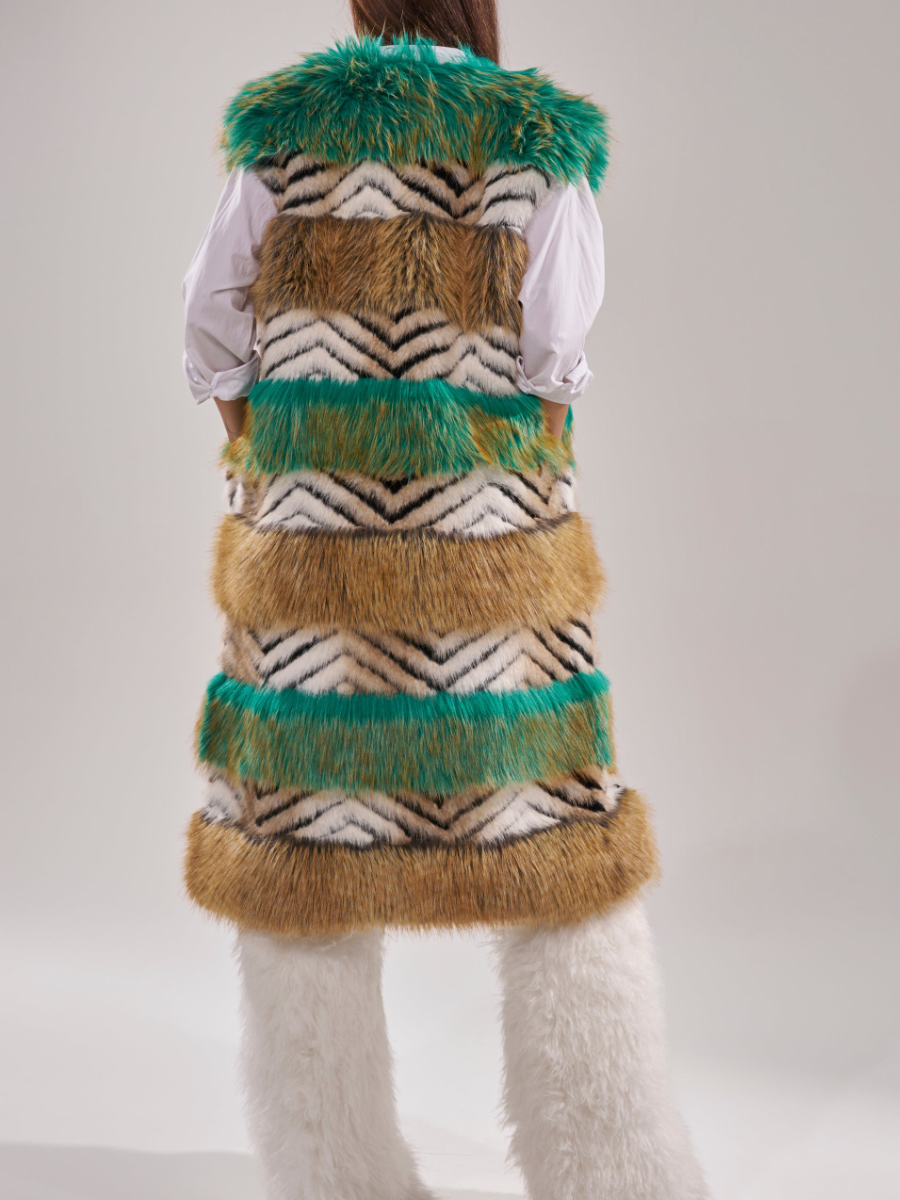 Faux Fur Multicolor Striped Sleeveless Coat
