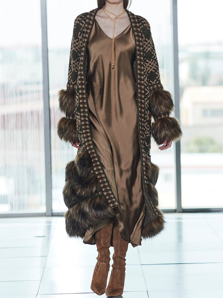 Faux Fur Patchwork Knitted Cardigan