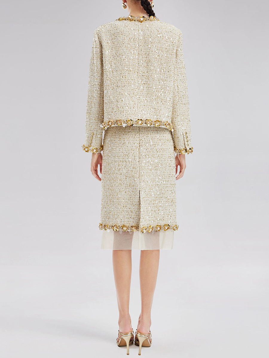 Sequin Tweed Jacket & Mesh-Hem Skirt