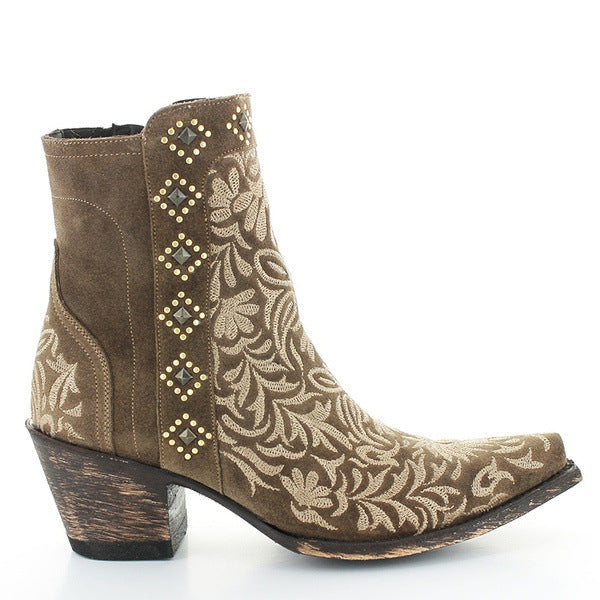 Embroidered high-heeled mid-calf women's boots
