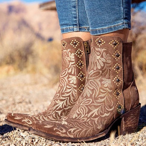Embroidered high-heeled mid-calf women's boots
