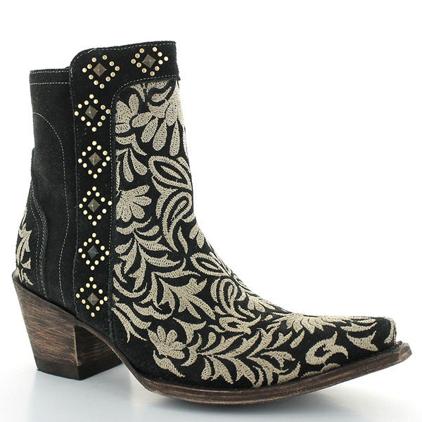 Embroidered high-heeled mid-calf women's boots