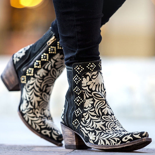 Embroidered high-heeled mid-calf women's boots
