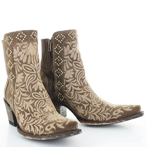 Embroidered high-heeled mid-calf women's boots