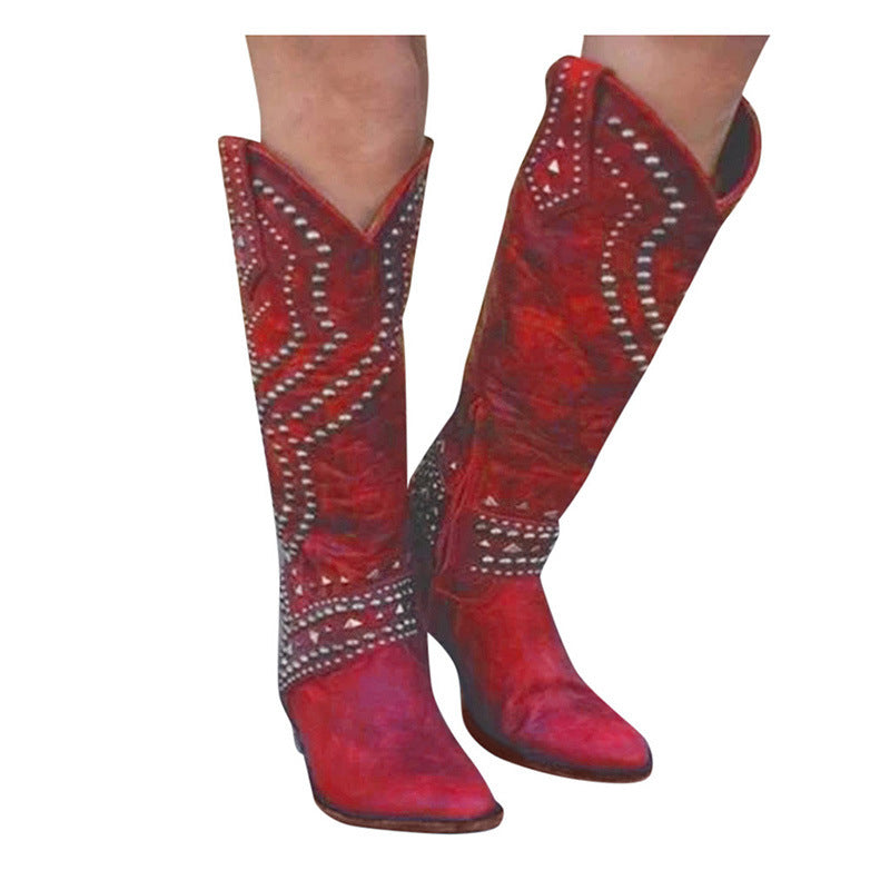 women's rivet long boots chunky heels