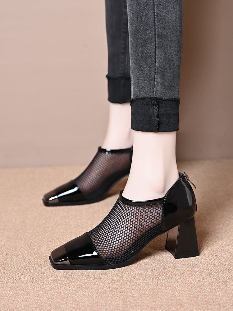 Women's all-match mid-heel mesh leather shoes