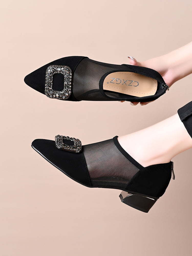 Soft leather mesh hollow low heel versatile leather shoes