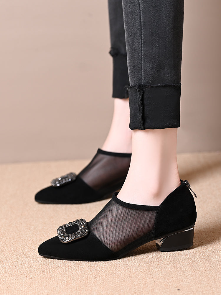 Soft leather mesh hollow low heel versatile leather shoes