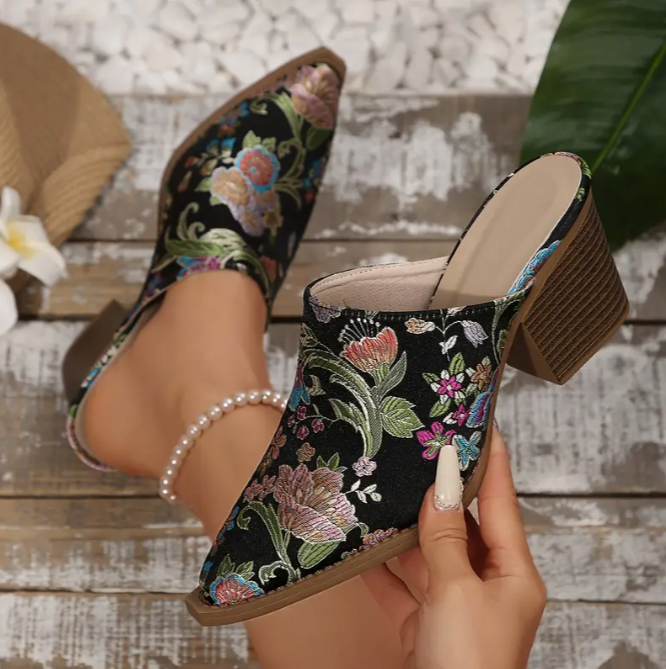 floral embroidered mules