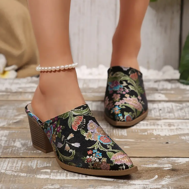 floral embroidered mules