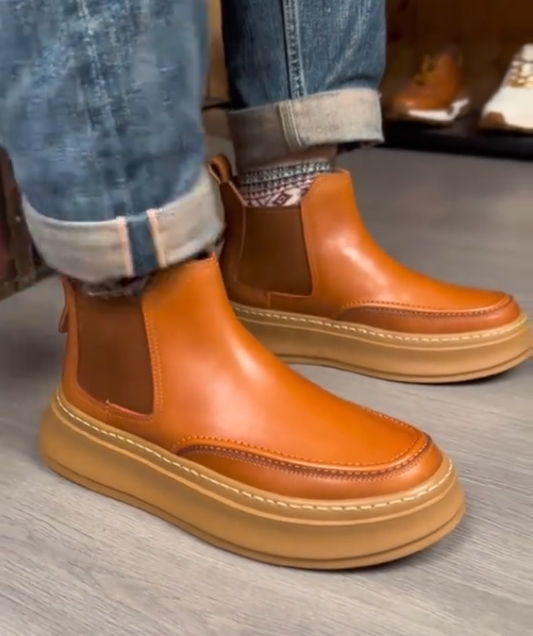Men's thick-soled mid-cut casual leather shoes