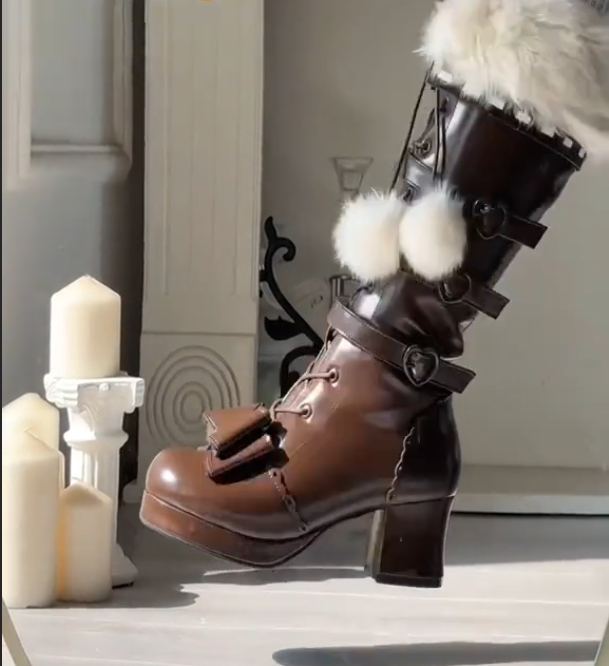 Women's long fur ball leather boots