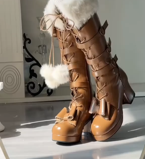 Women's long fur ball leather boots