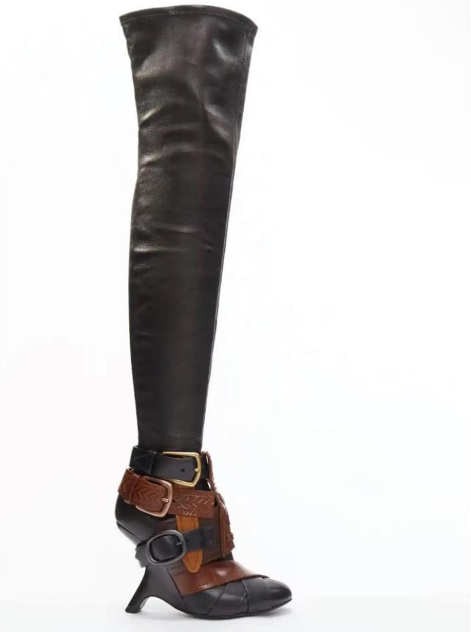 Women's brown leather buckle boots