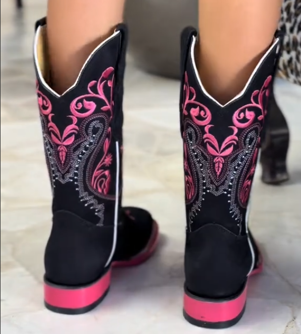 Pink square-heeled leather boots