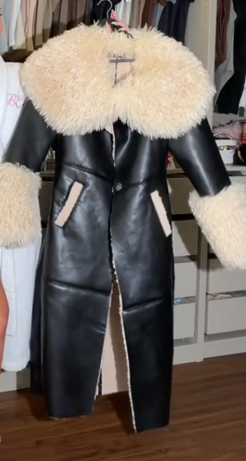 Lambswool trim leather coat