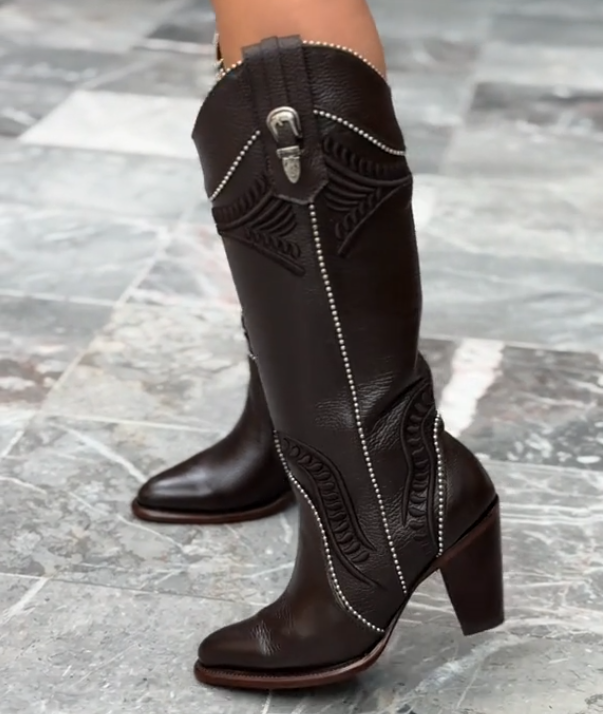Studded over-the-knee leather boots