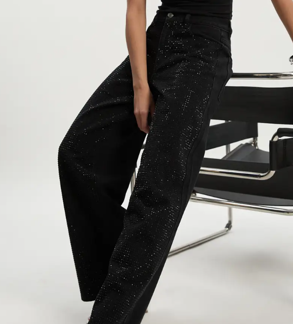 Rhinestone-embellished high-waisted wide-leg jeans