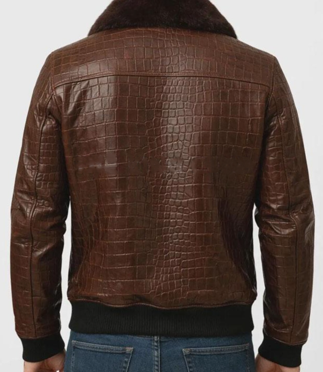 Men's Vintage Plush Warm Crocodile Textured Outdoor Jacket Leather Coat