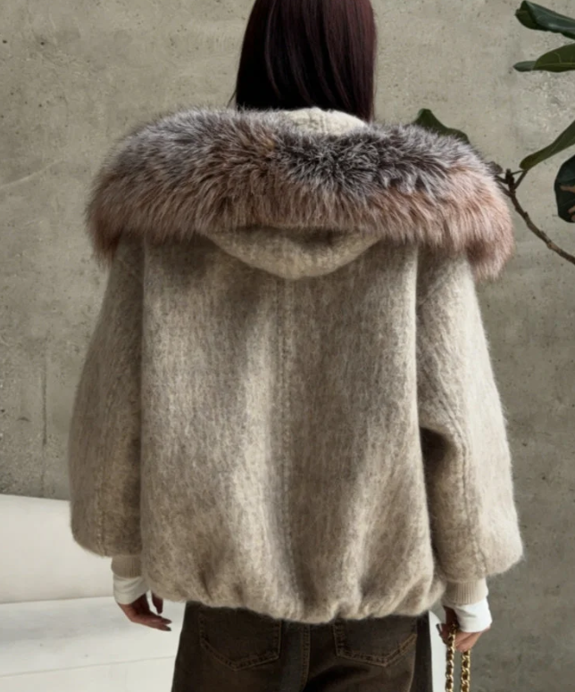 Faux Fur Hooded Wool-Blend Jacket
