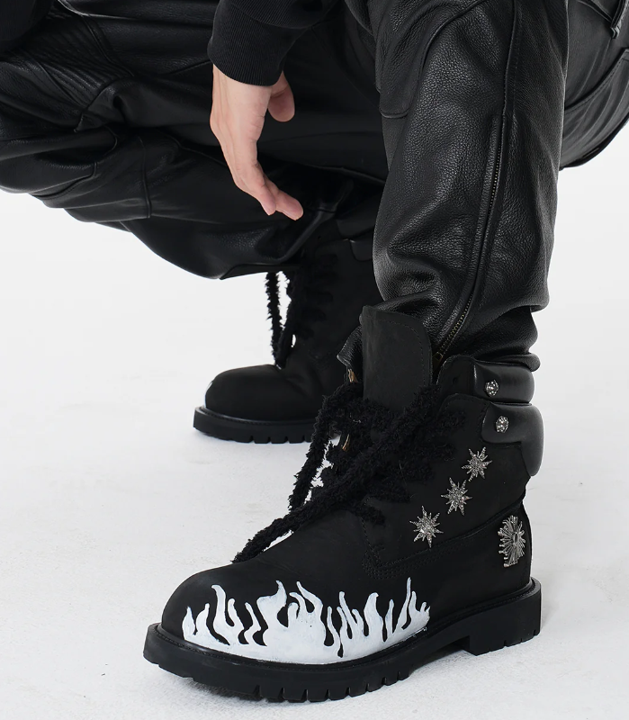 Flame Pattern Genuine Leather Combat Boots