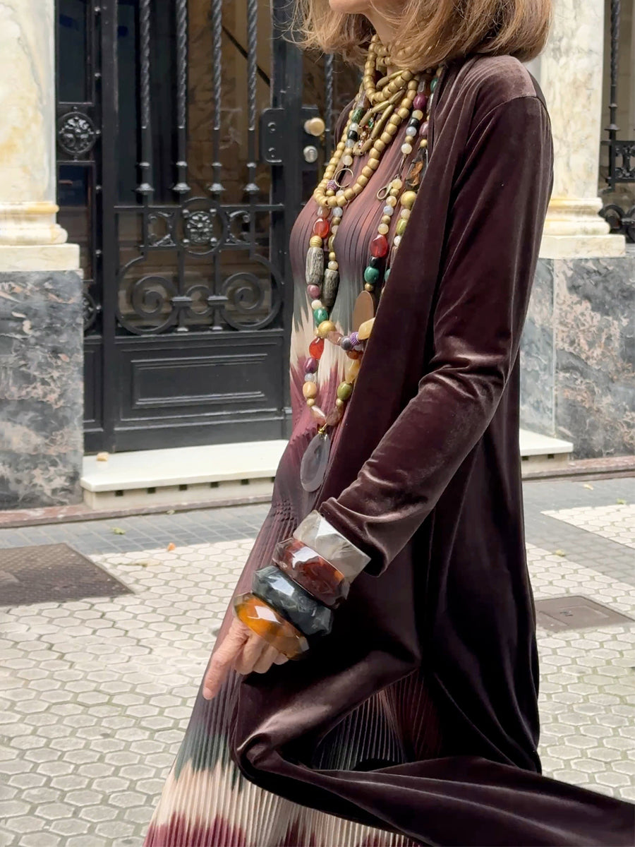 Printed Pleated Dress & Velvet Cardigan