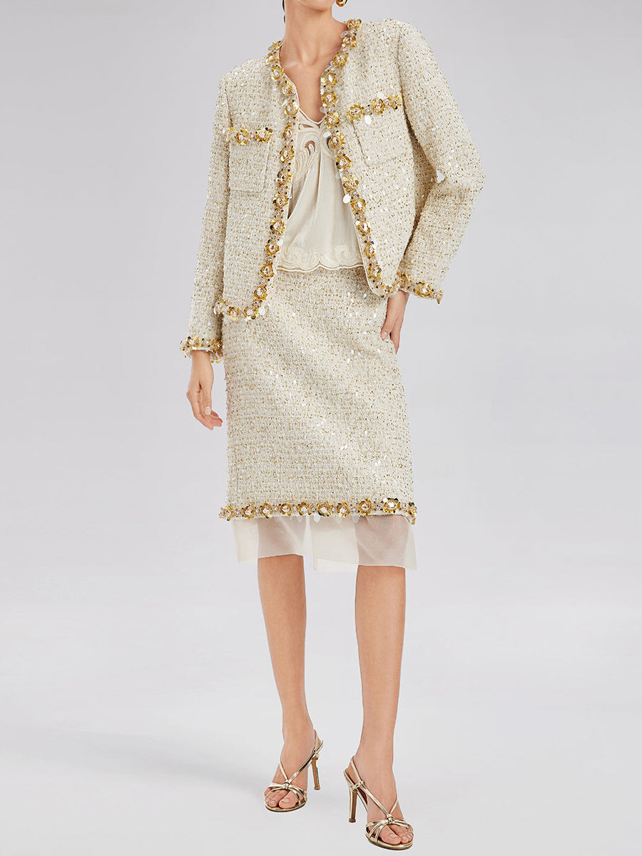 Sequin Tweed Jacket & Mesh-Hem Skirt