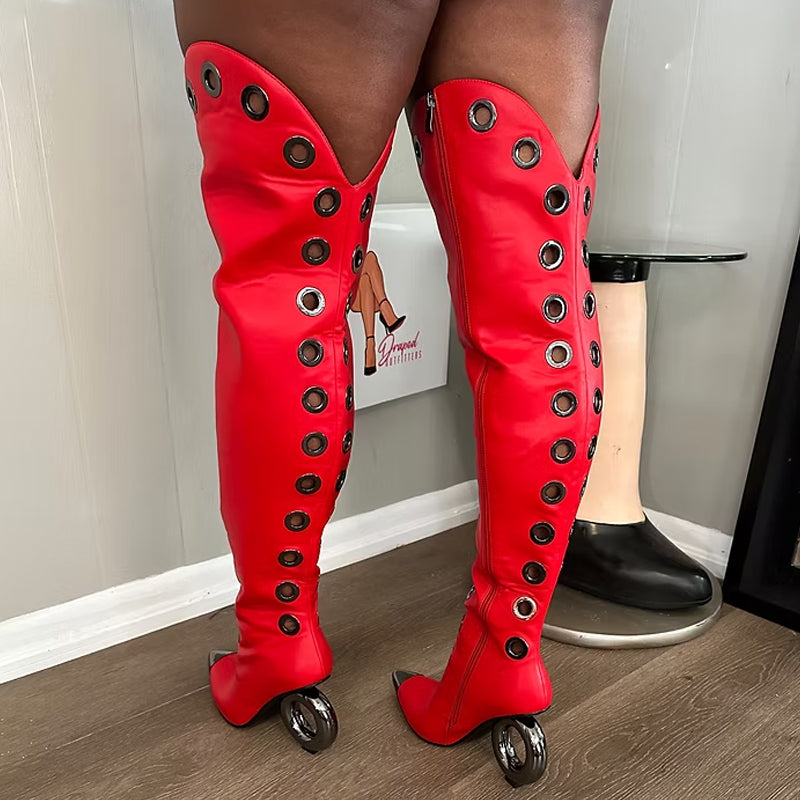 Pointed Toe Hollowed Out Thigh High Boots