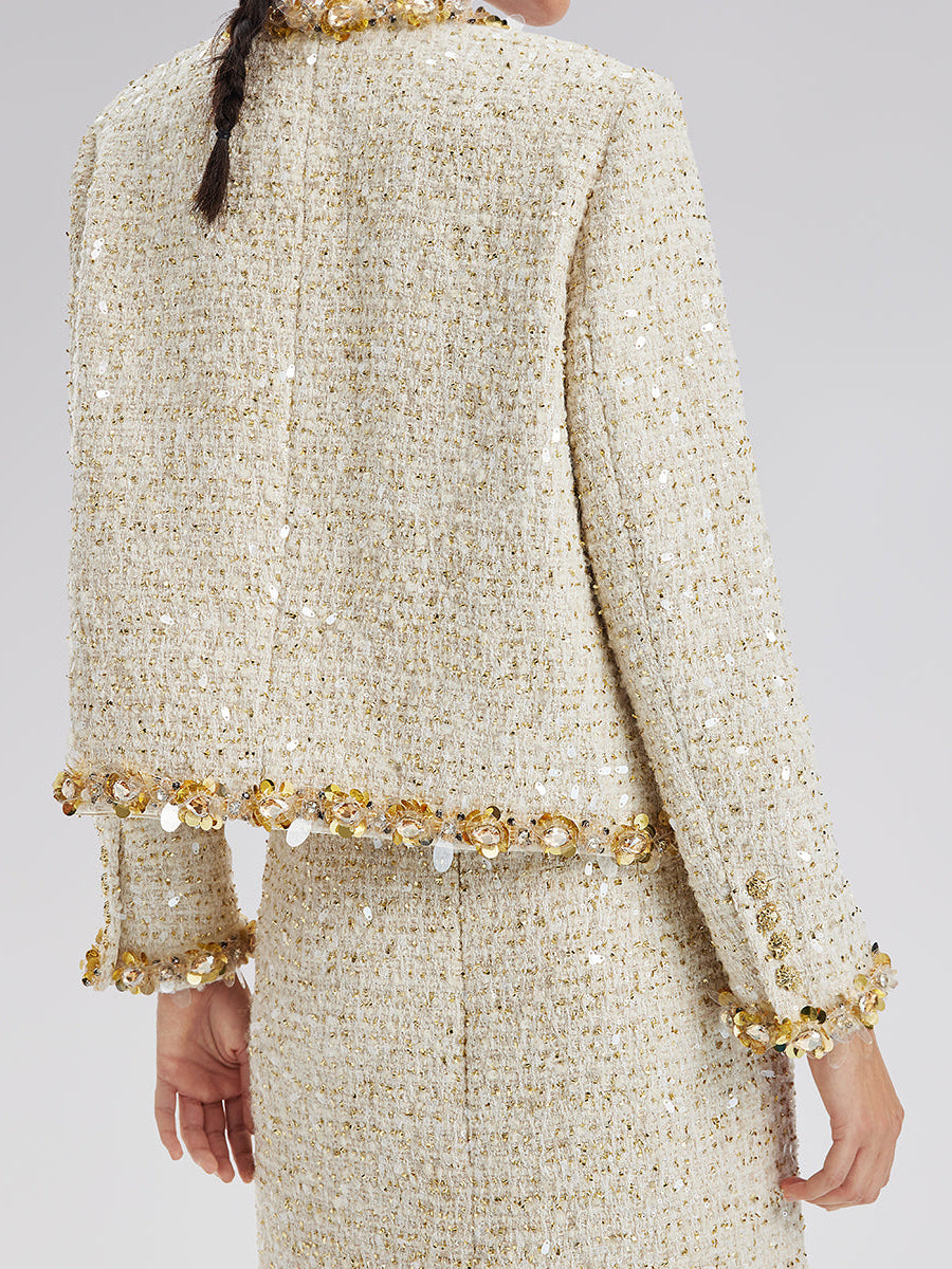 Sequin Tweed Jacket & Mesh-Hem Skirt