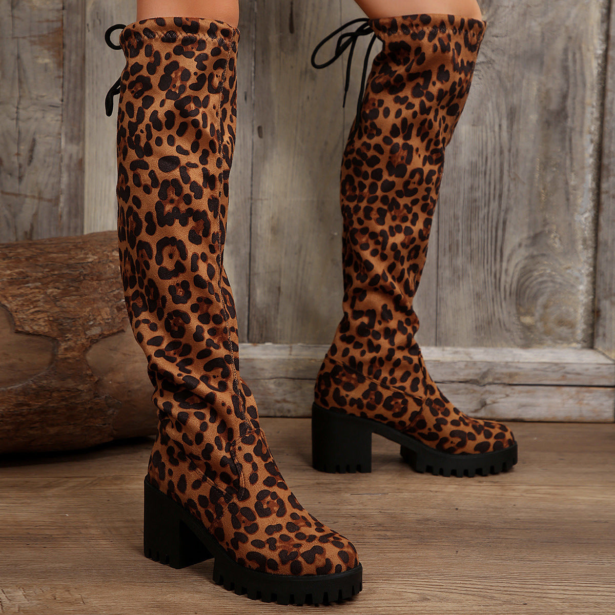 Leopard print lace-up women's boots