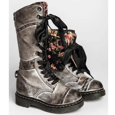 Women's mid-high lace-up low-heeled flat combat boots