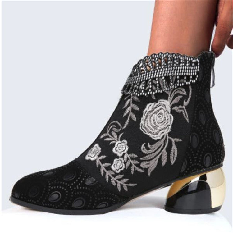 Retro ethnic style embroidered short boots with thick heels