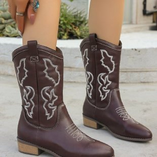 Embroidered block-heel pointed-toe mid-calf boots