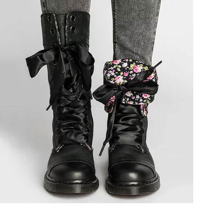 Women's mid-high lace-up low-heeled flat combat boots