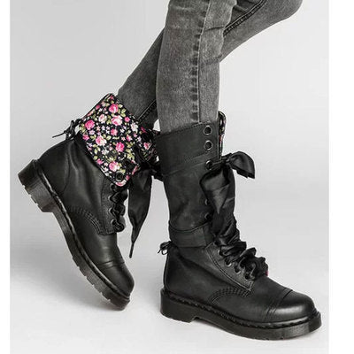 Women's mid-high lace-up low-heeled flat combat boots