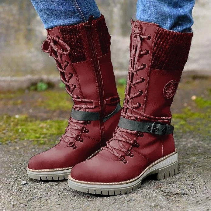Round toe square heel leather buckle wool stitching Martin boots