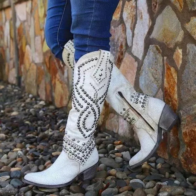 women's rivet long boots chunky heels