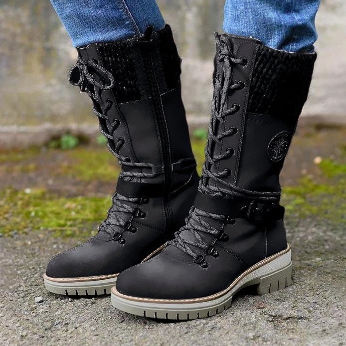 Round toe square heel leather buckle wool stitching Martin boots