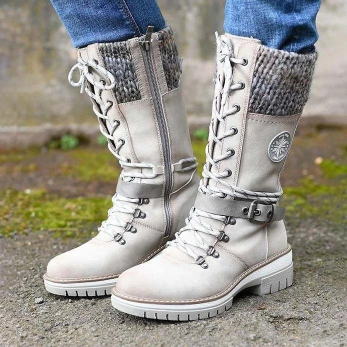Round toe square heel leather buckle wool stitching Martin boots