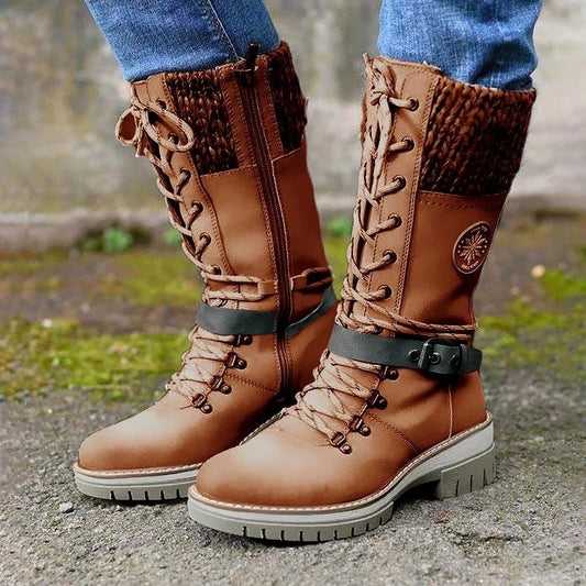 Round toe square heel leather buckle wool stitching Martin boots