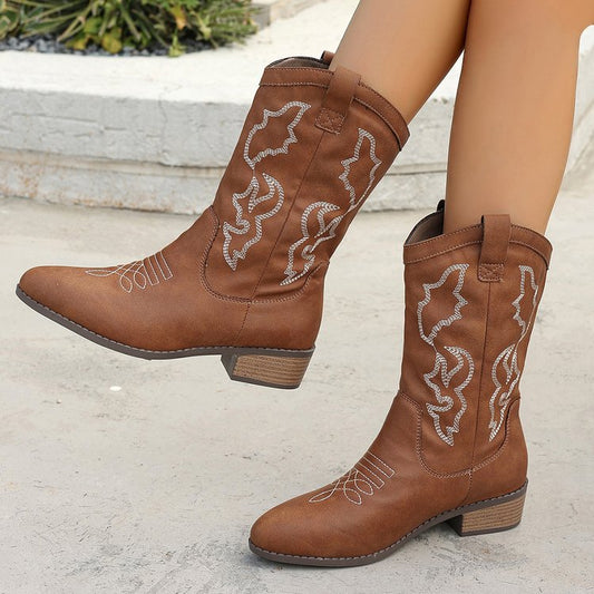 Embroidered block-heel pointed-toe mid-calf boots