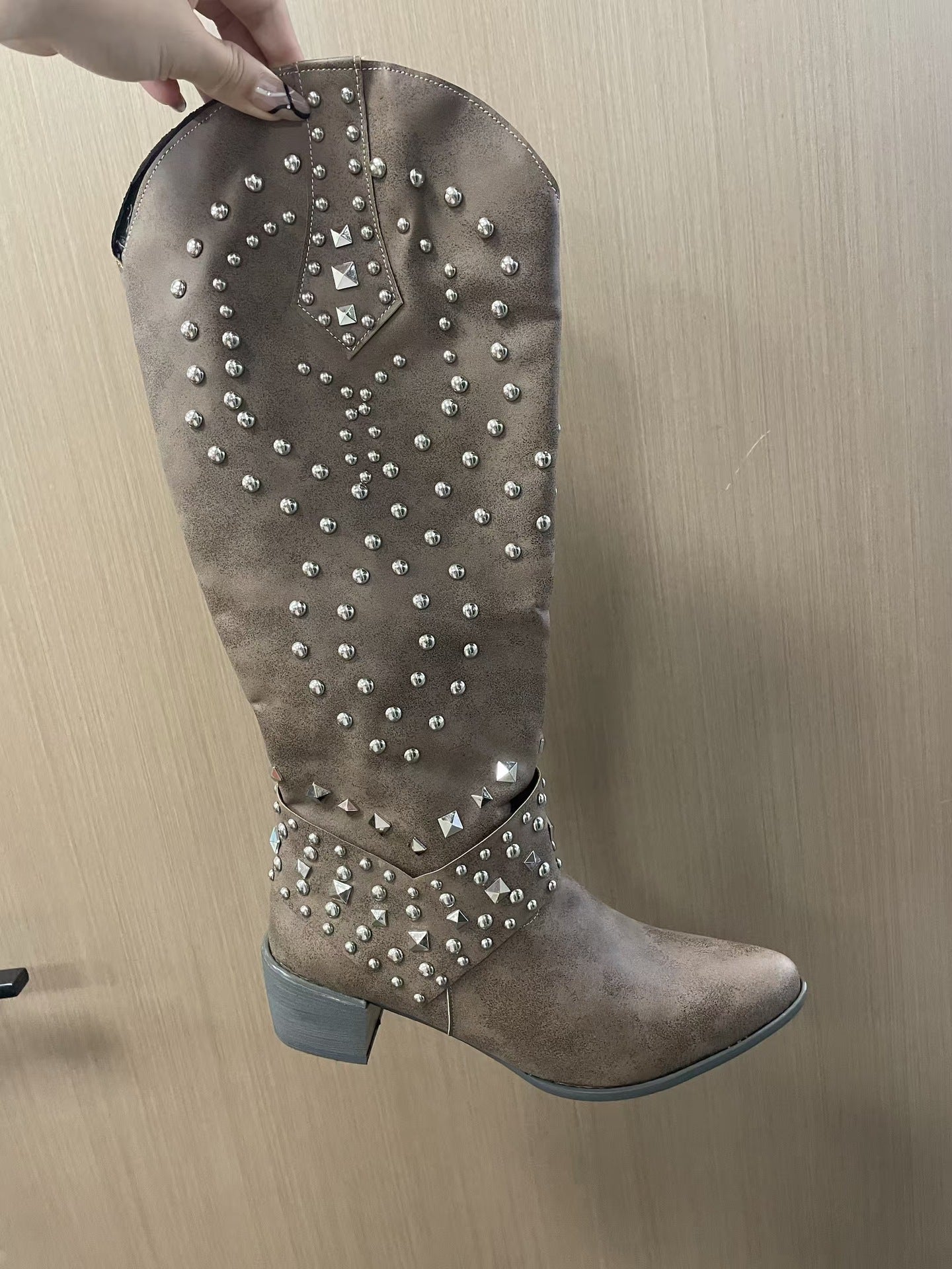 women's rivet long boots chunky heels
