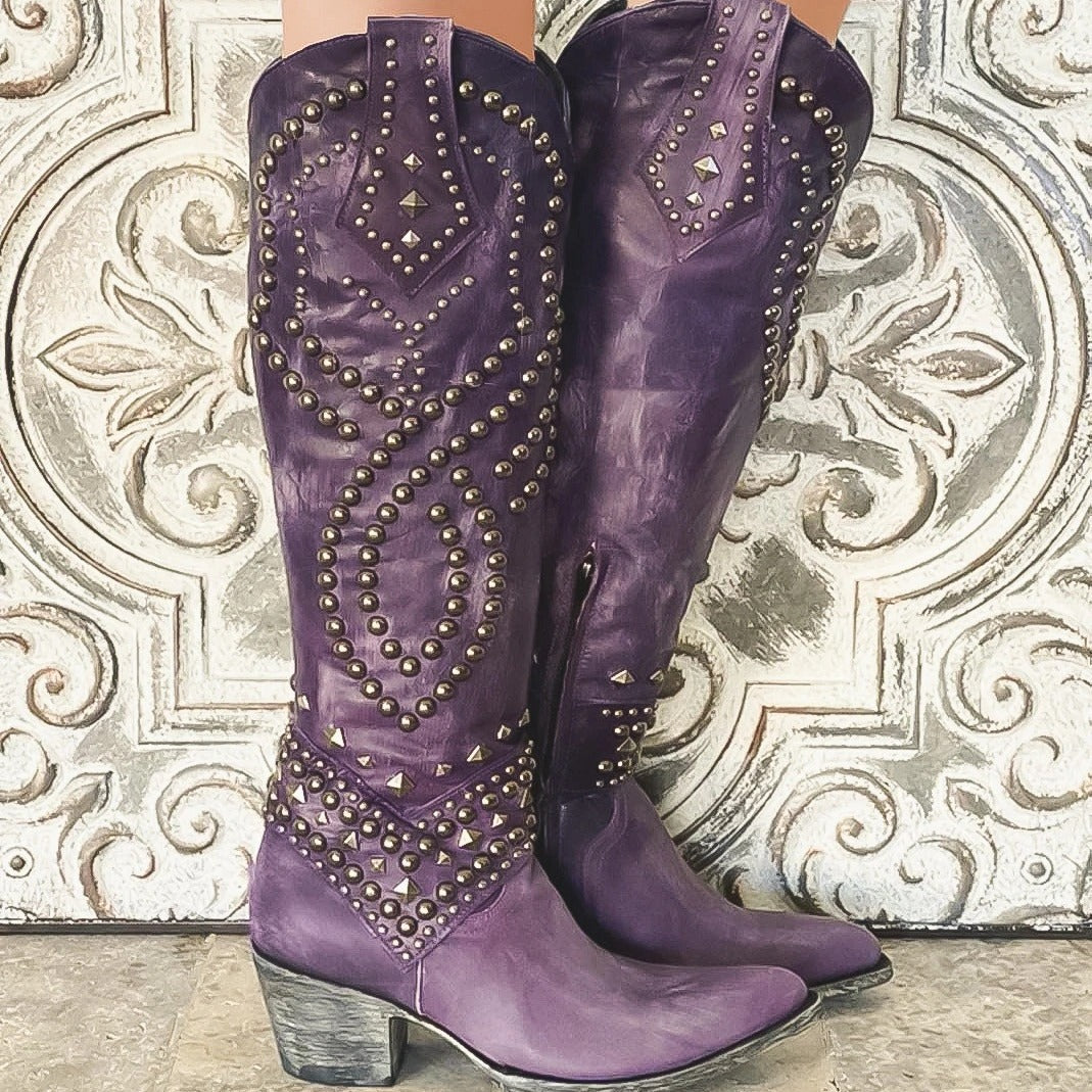 women's rivet long boots chunky heels