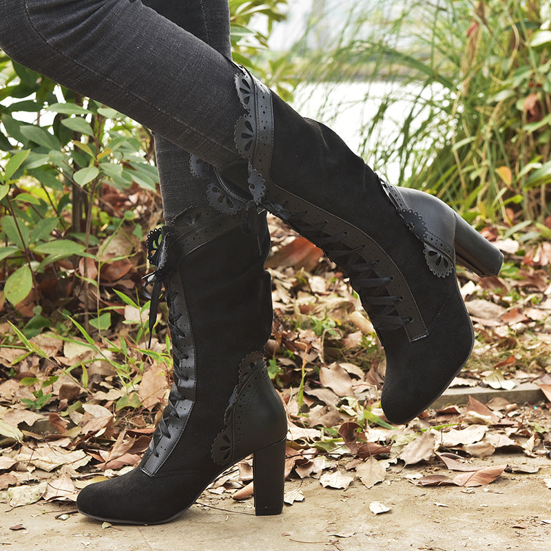 High-heeled lace women's boots