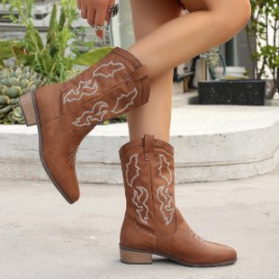 Embroidered block-heel pointed-toe mid-calf boots