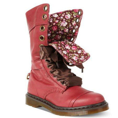 Women's mid-high lace-up low-heeled flat combat boots