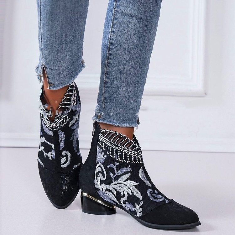 Retro ethnic style embroidered short boots with thick heels