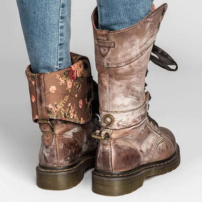 Women's mid-high lace-up low-heeled flat combat boots