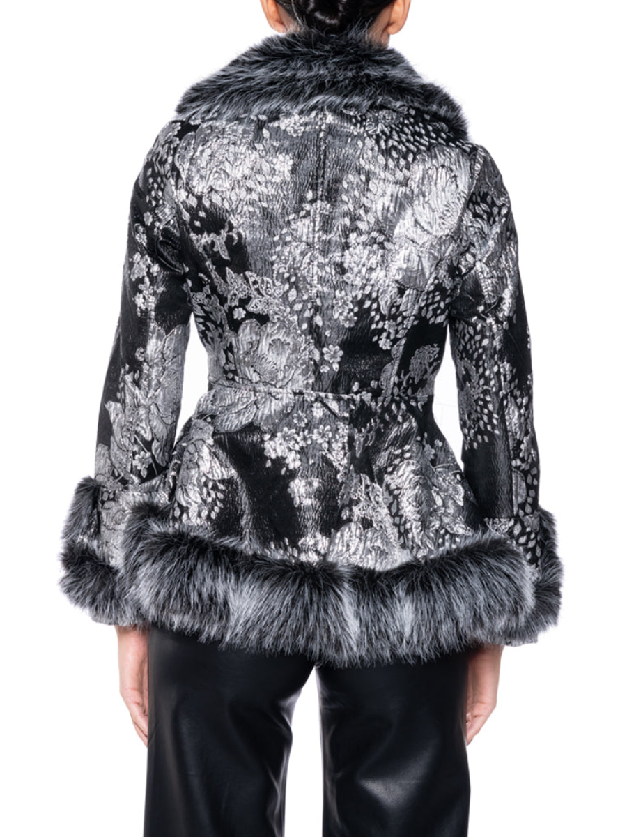 Faux Fur Trim Metallic Floral Coat