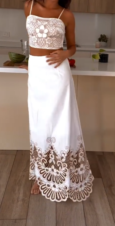 Embroidered hollow long skirt